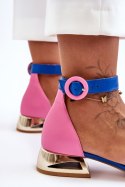 Skórzane Sandały Na Złotym Obcasie Laura Messi 2143 Różowo-Niebieskie