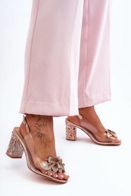 Zdobione Stylowe Sandały Transparentne Różowe Złoto KWIAT